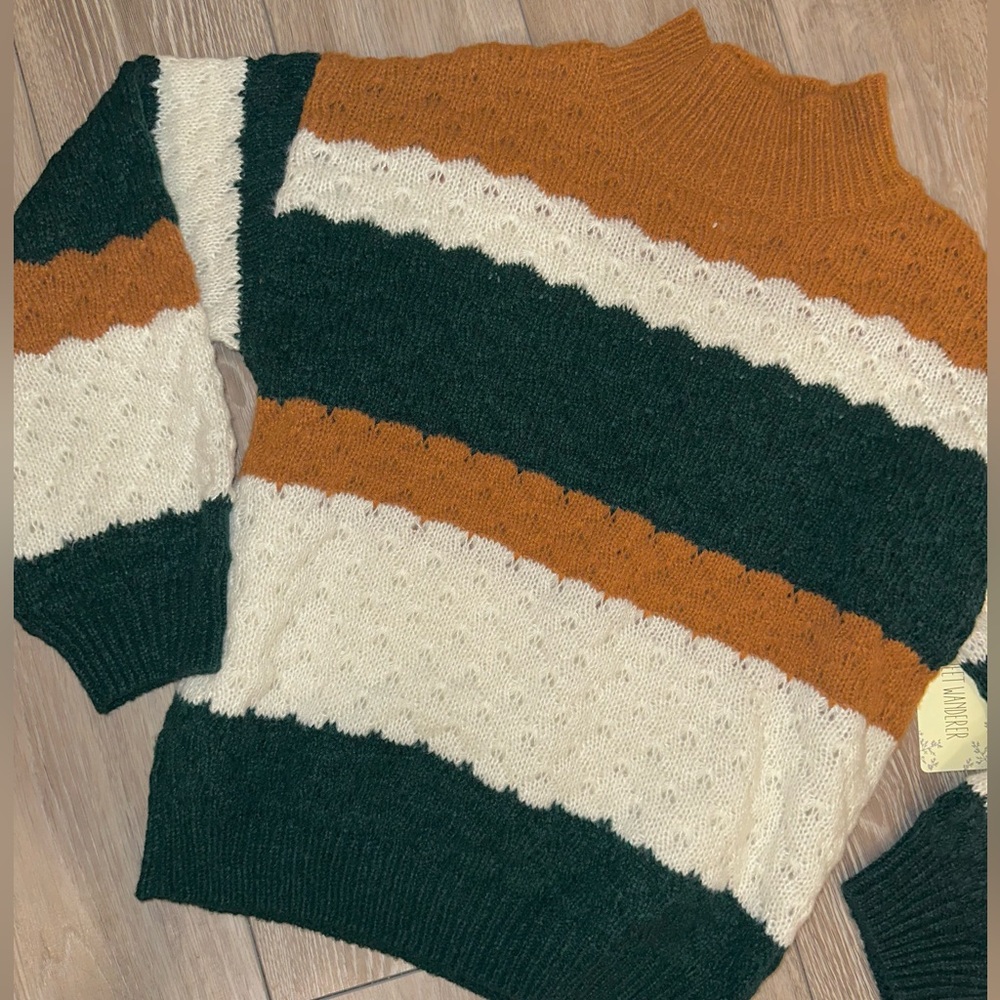 Sweet Wanderer brown green striped knitted sweater for women size S preowned